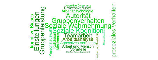 Wordcloud der Sozial-, Arbeits- und Organisationspsychologie Hier werden verschiedene Begriffe aufgelistet, die in der Sozial-, Arbeits- und Organisationspsychologie übliche Desiderate sind.